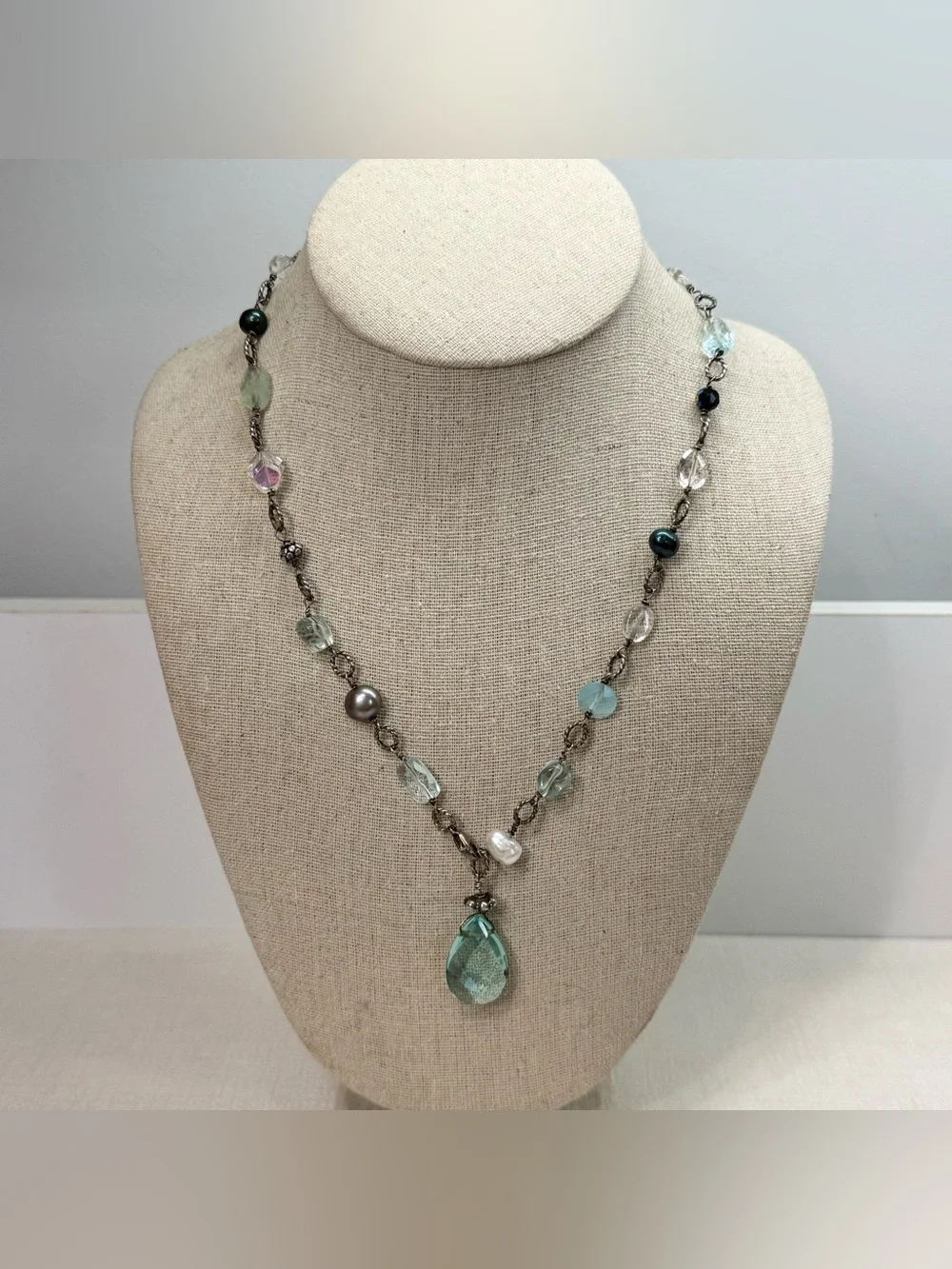 Sterling silver, glass, quartz, genuine pearl front clasp necklace